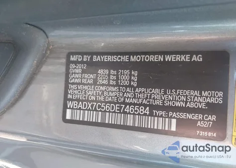 2013 BMW 335I из США, поврежденный, VIN WBADX7C56DE746584